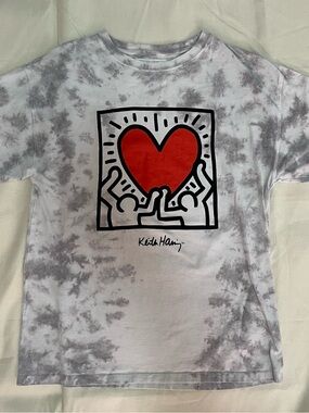 Kids Short Sleeve Graphic Tee with Red Heart on Gray Tie-Dye